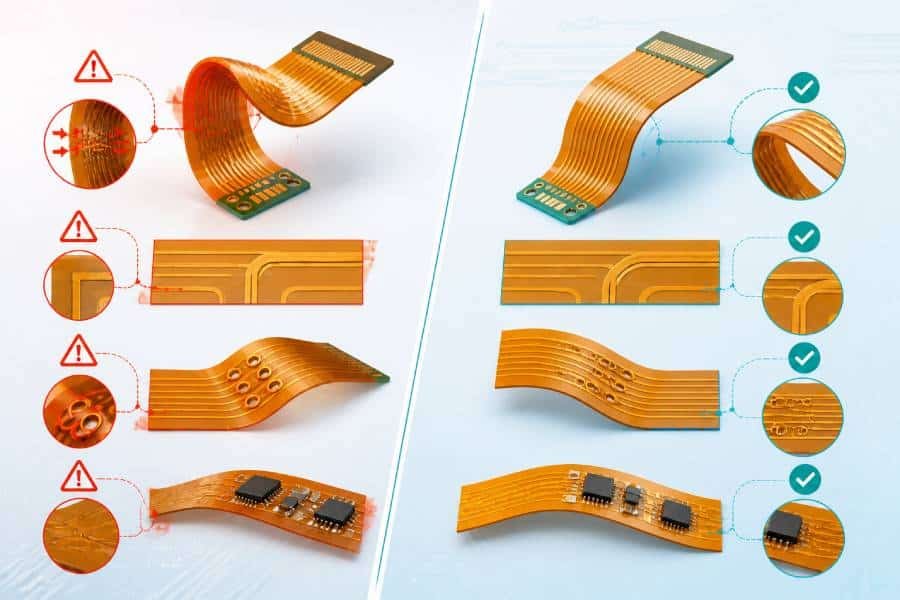 Common flexible PCB design mistakes cover showing error and correct flex circuit layouts