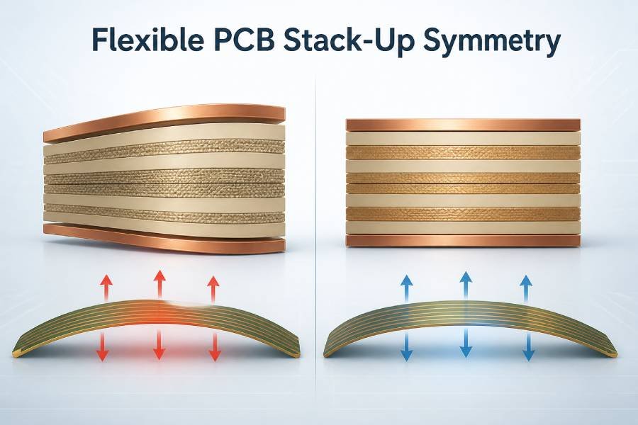 Flexible PCB stack-up comparison showing unbalanced and balanced layer symmetry