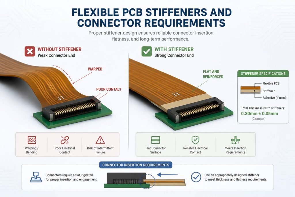 Flexible PCB stiffener and connector area diagram showing proper reinforcement