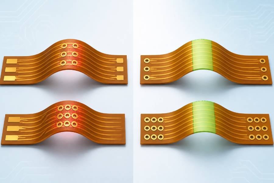 Flexible PCB layout diagram showing vias and pads kept out of the bend area