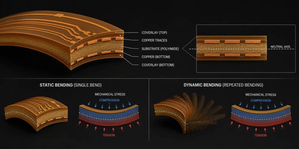 Flexible PCB bending structure illustration showing static and dynamic bending behavior