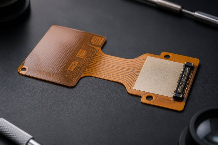 Flexible PCB coverlay and stiffener detail on a flex circuit