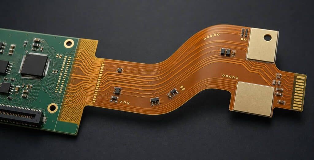 Flexible PCB design rule illustration showing bend radius, routing, via keep-out zone, and stiffener placement