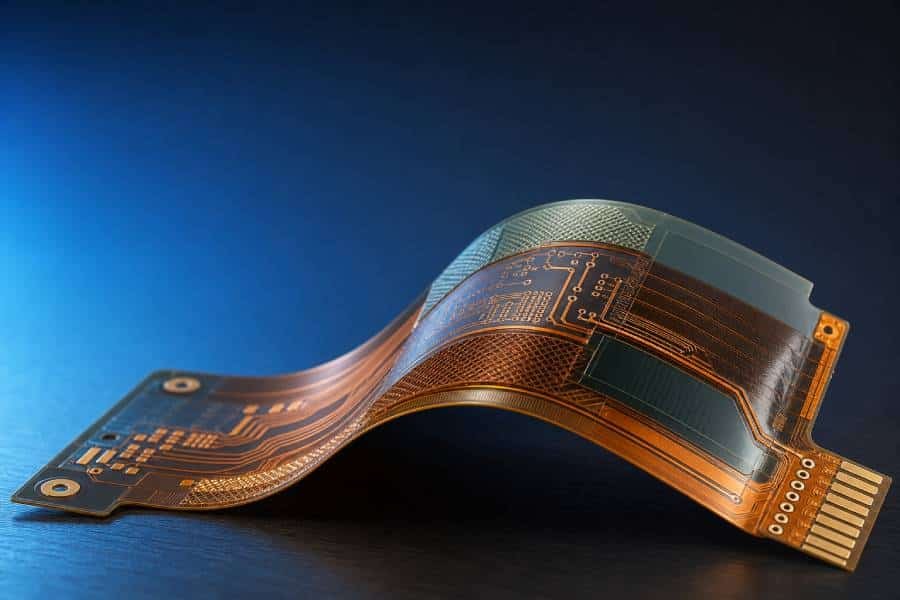 Flexible PCB materials guide cover showing a flex circuit with PI, copper, coverlay, and reinforcement layers
