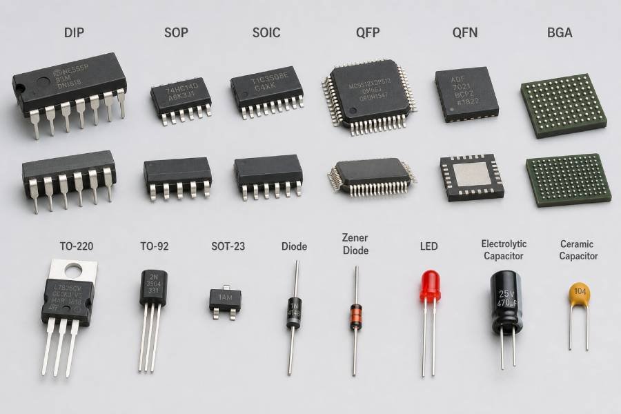 Various IC packages with transistors and diodes arranged side by side on a neutral background