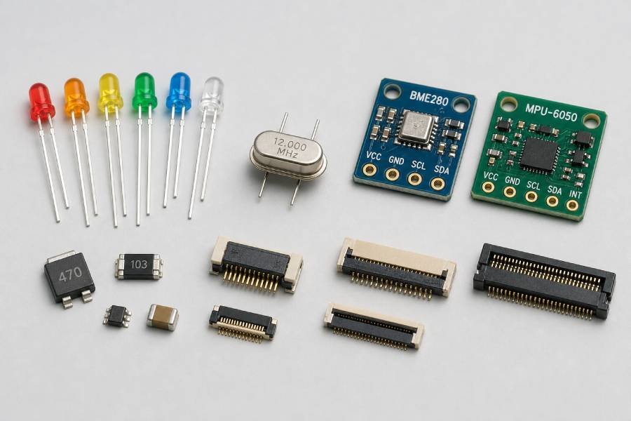 LEDs, a crystal oscillator, sensors, and SMT connectors arranged side by side on a neutral background