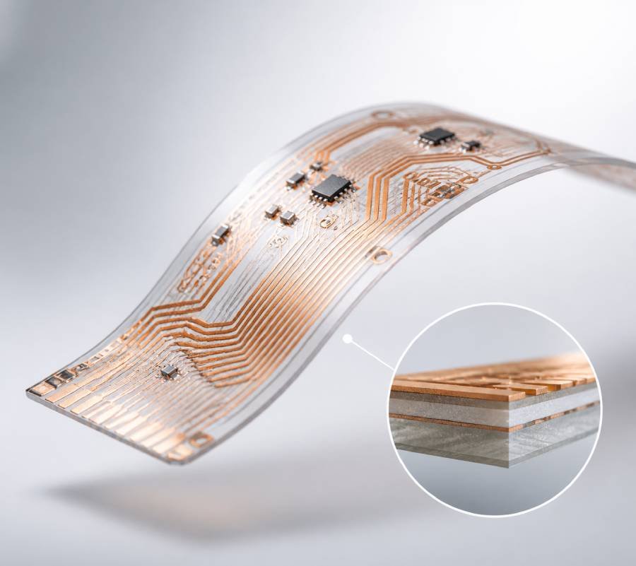 PET flex PCB cross section showing polyester substrate, copper traces, and layered structure