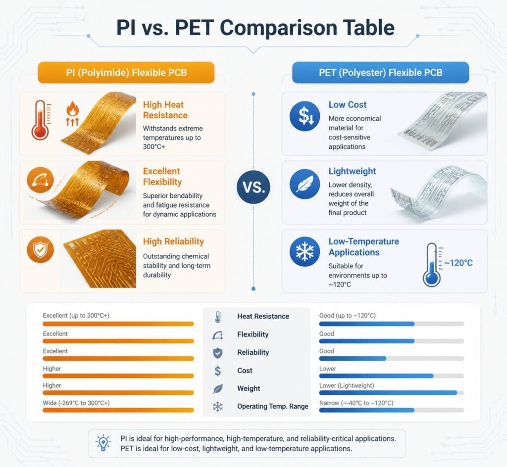 PI vs. PET flex PCB comparison infographic showing performance, cost, and application differences