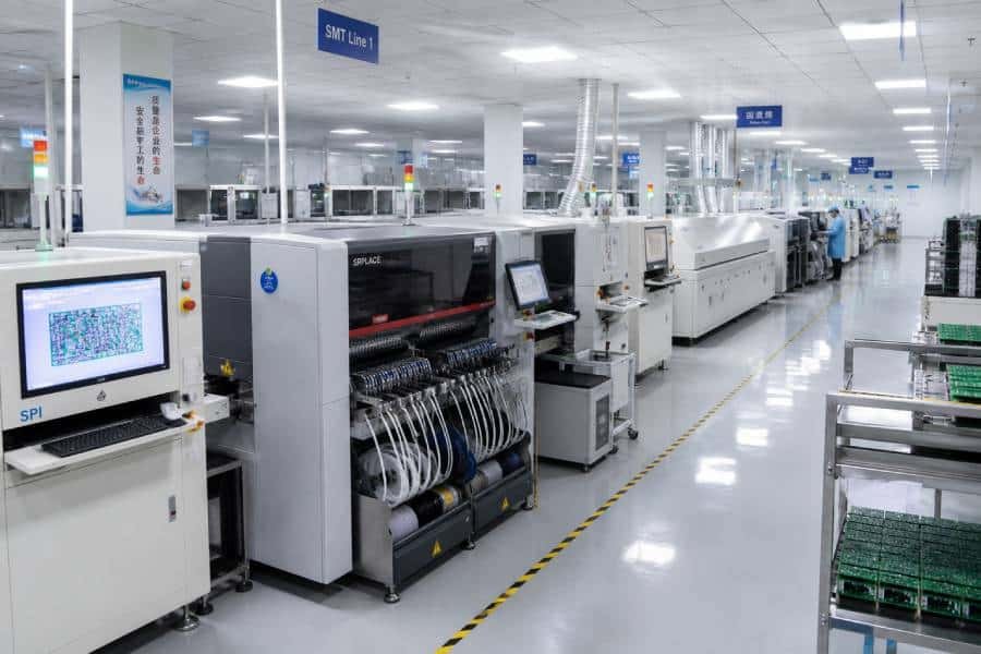 Modern SMT PCB assembly production line in a high-tech factory with automated pick-and-place machines and cleanroom environment