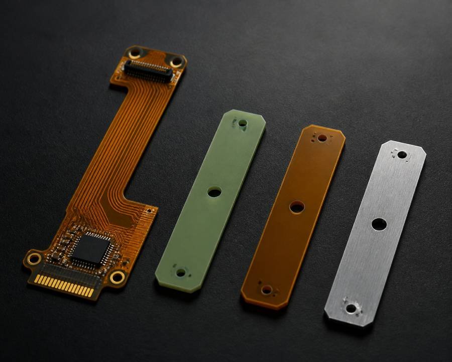 Flex PCB stiffener materials comparison showing FR-4, polyimide, and metal stiffeners
