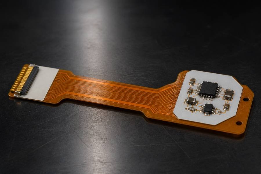 Flex PCB stiffener used in connector area and component support area