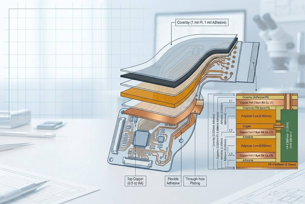 a clean technical illustration of a flexible pcb stackup cross section