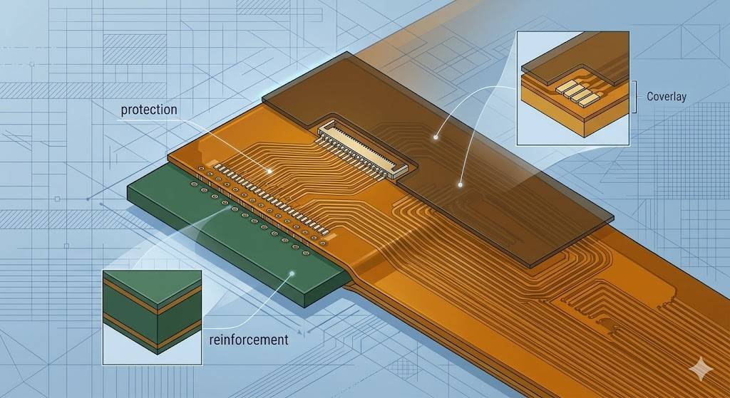 A close-up technical illustration showing the coverlay and stiffener areas of a flexible PCB