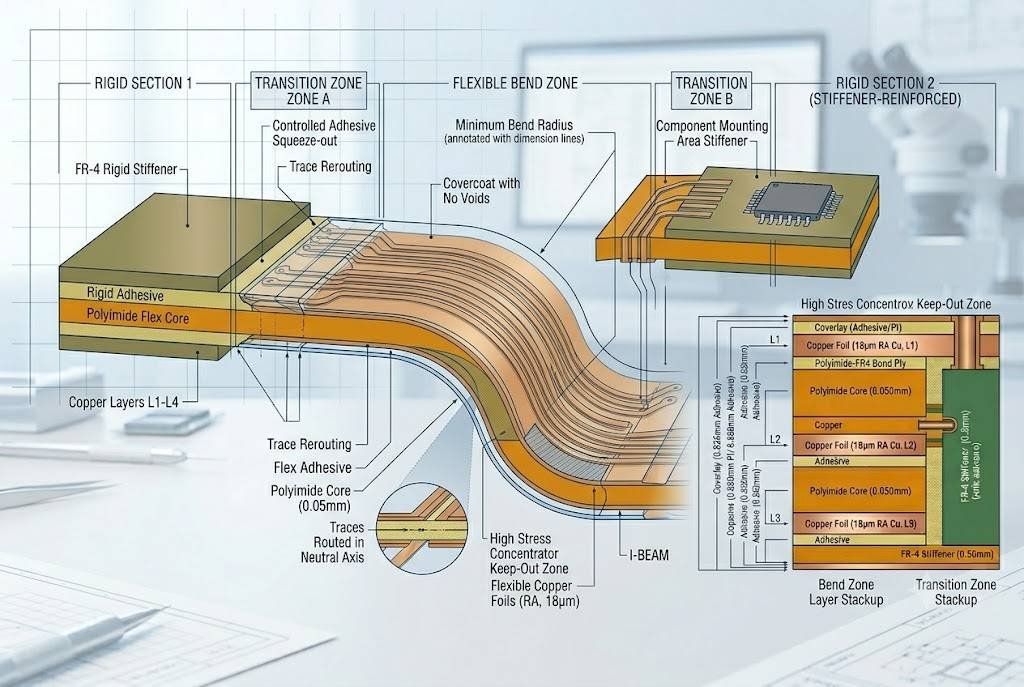 a technical diagram style illustration of a flexible pcb bend zone and rigid to flex transition zone