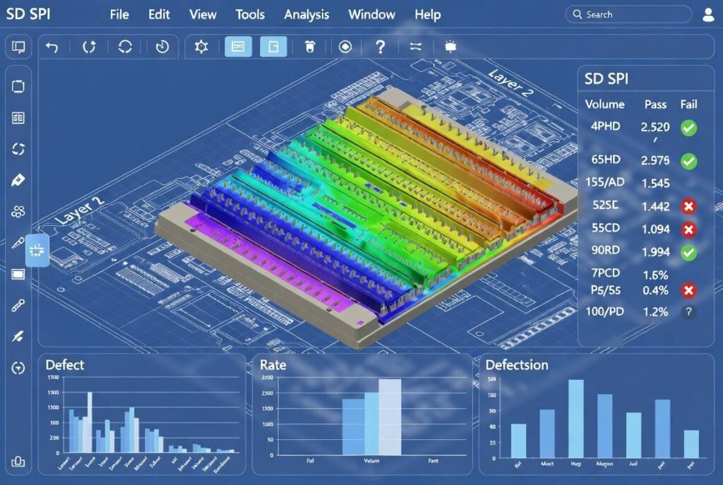 Common solder paste defects detected by SPI: insufficient, excess, bridging, and offset examples in PCB assembly