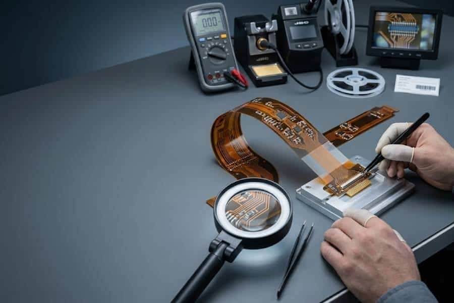 Flexible PCB assembly and installation precautions cover image with a realistic flex circuit on an electronics workbench.