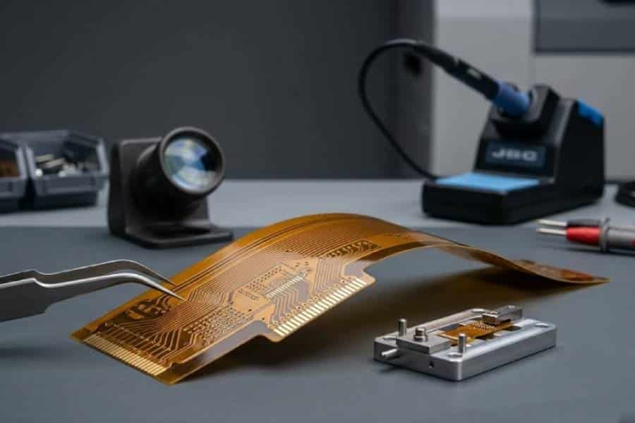 Flexible PCB assembly close-up on an electronics workbench.