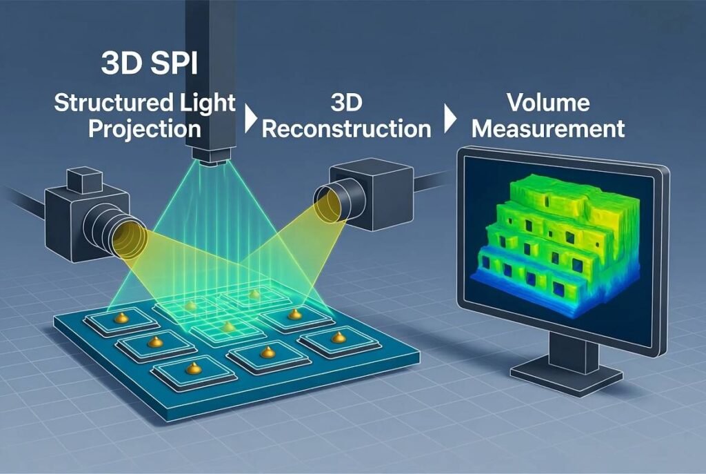 How 3D SPI Solder Paste Inspection works - structured light projection and 3D volume reconstruction in SMT process