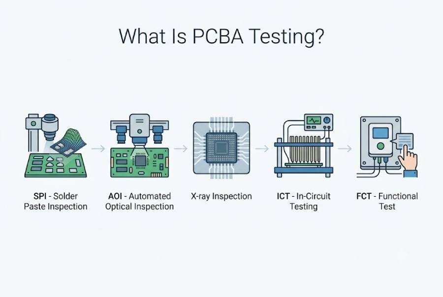 PCBA testing process flow infographic