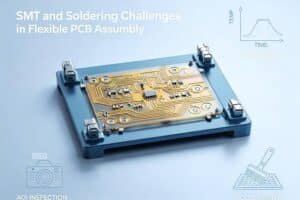 Cover image showing a flexible PCB clamped on an SMT carrier fixture, illustrating SMT and soldering challenges in flexible PCB assembly.