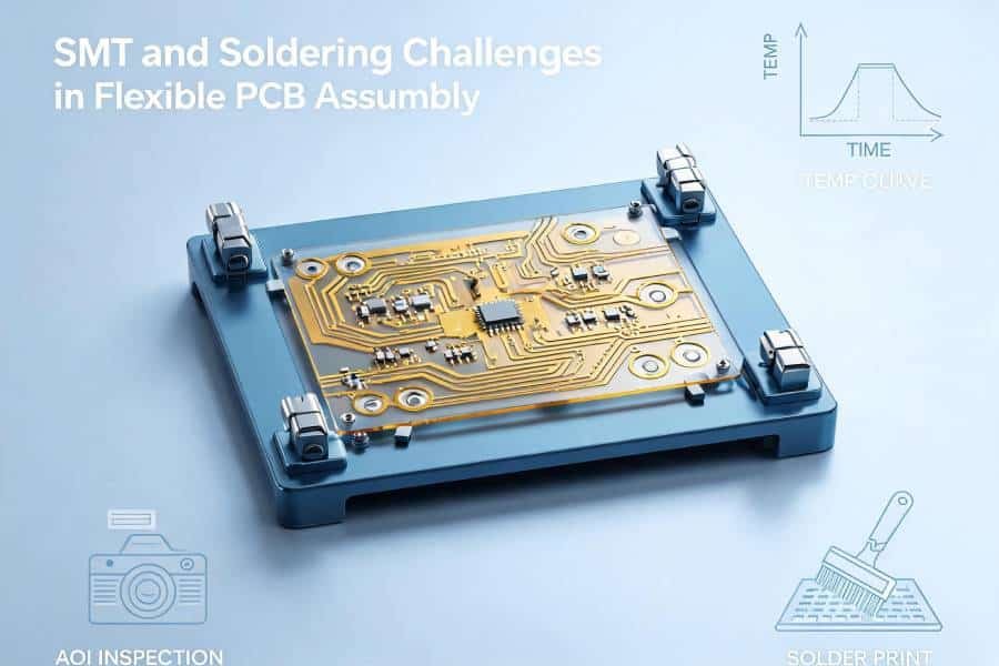 Cover image showing a flexible PCB clamped on an SMT carrier fixture, illustrating SMT and soldering challenges in flexible PCB assembly.