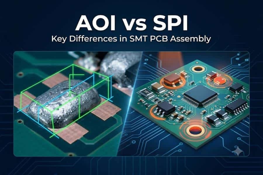 AOI vs SPI: Key differences in SMT PCB Assembly process showing solder paste inspection and automated optical inspection