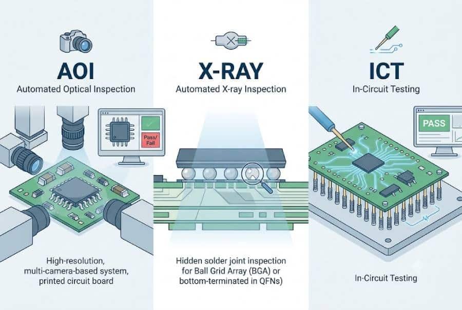 AOI, X-ray, and ICT comparison infographic
