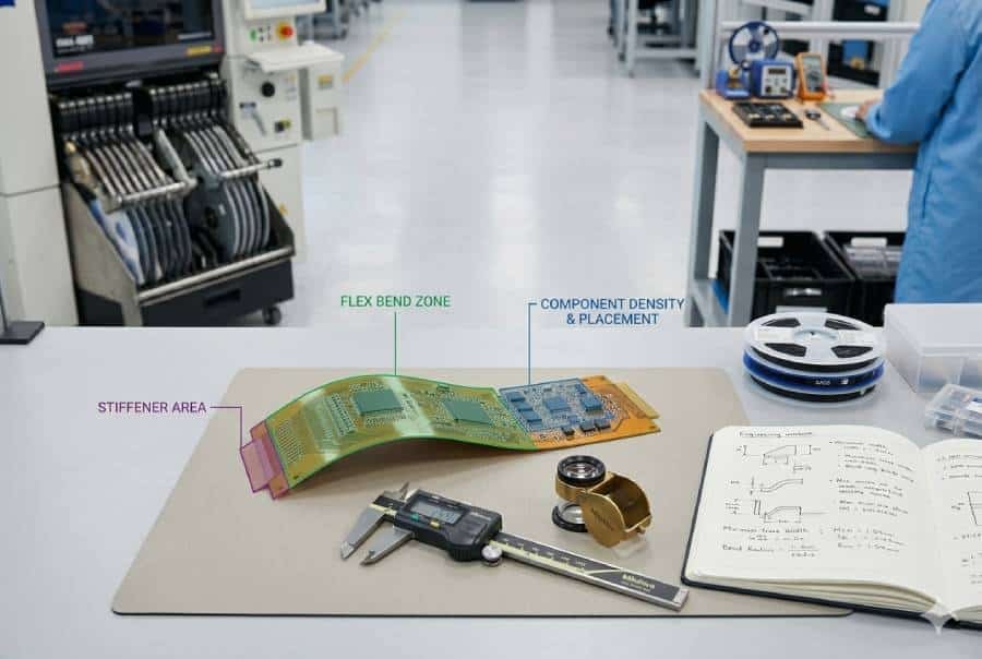 Flex PCB DFM inspection scene showing bend zones, stiffener areas, and component placement under close inspection
