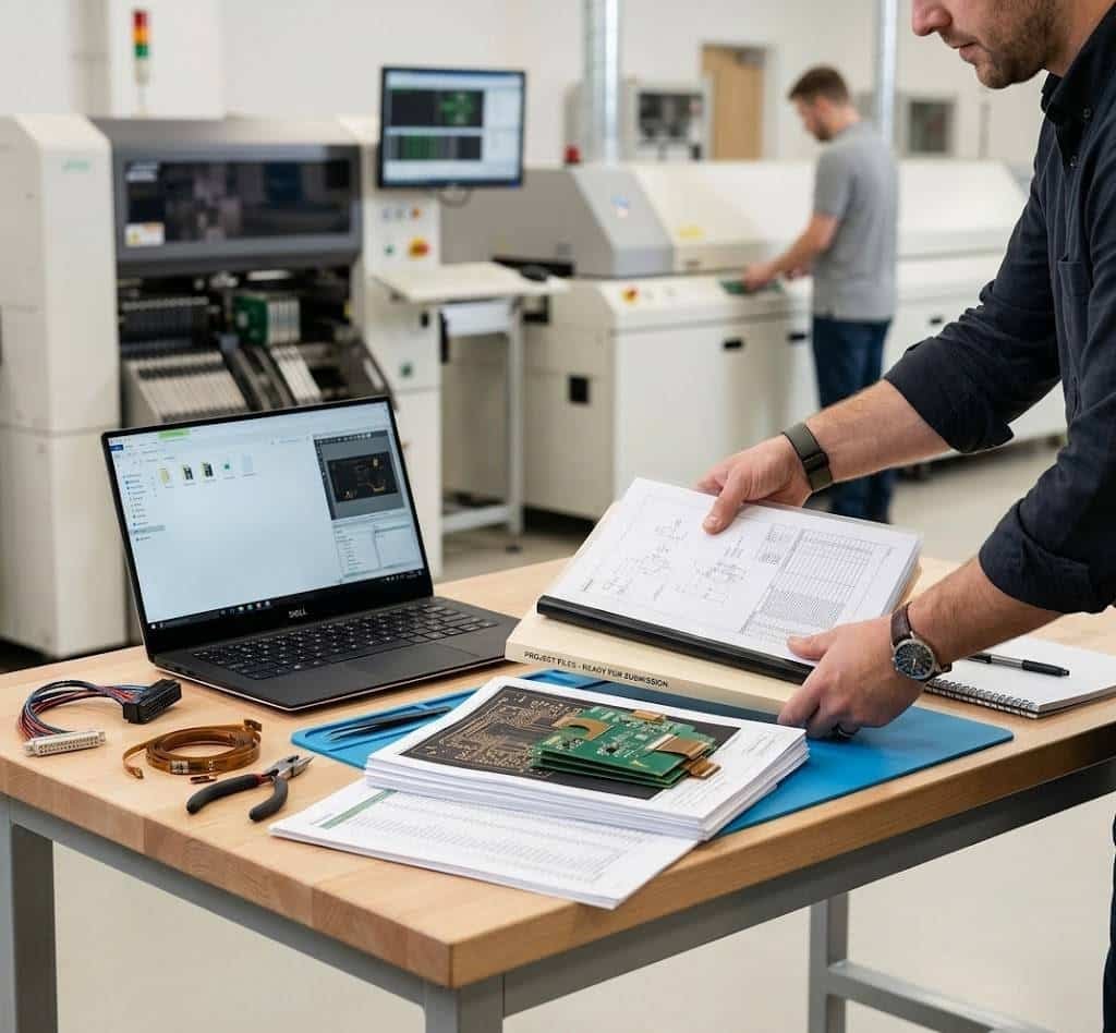 Flexible PCB assembly quote request scene with project files and sample board