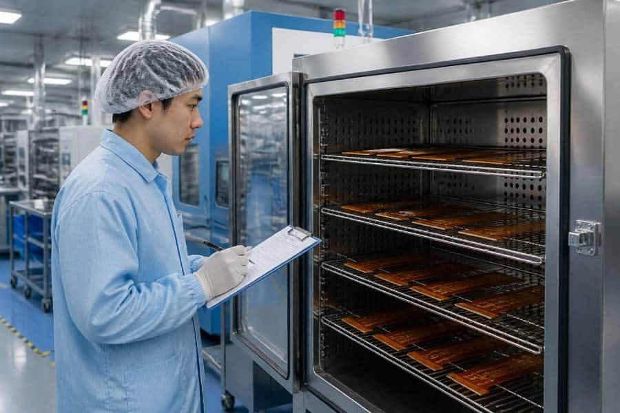 Engineer inspecting flexible PCB pre-bake process in a clean electronics manufacturing oven