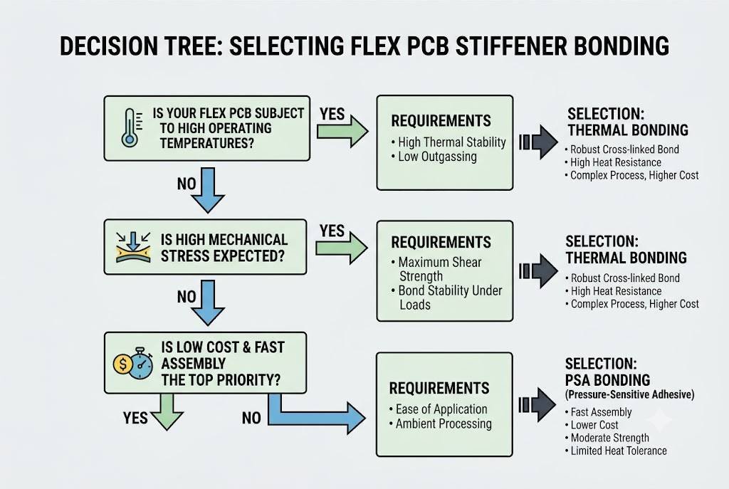 Decision tree for choosing PSA or thermal bonding in flex PCB stiffener design.