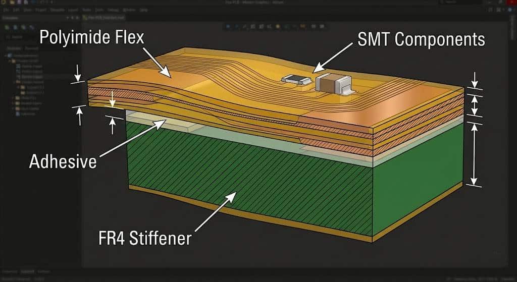 Top view technical diagram of a flexible PCB showing recommended FR4 stiffener coverage in the SMT area, highlighting a 0.5mm to 1mm margin with red lines, dimensions, and circles.