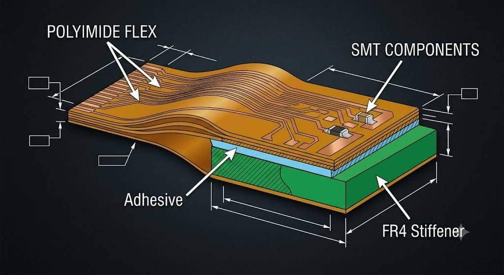 Technical cross-section diagram of a flexible PCB with an FR4 stiffener, showing polyimide layers, copper traces, adhesive layer, and SMT components on a dark background.