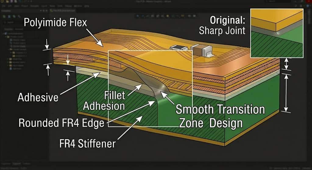 Technical illustration of a flexible PCB showing a smooth transition zone design, featuring a rounded FR4 edge, fillet adhesion, and an inset comparison with a sharp joint.