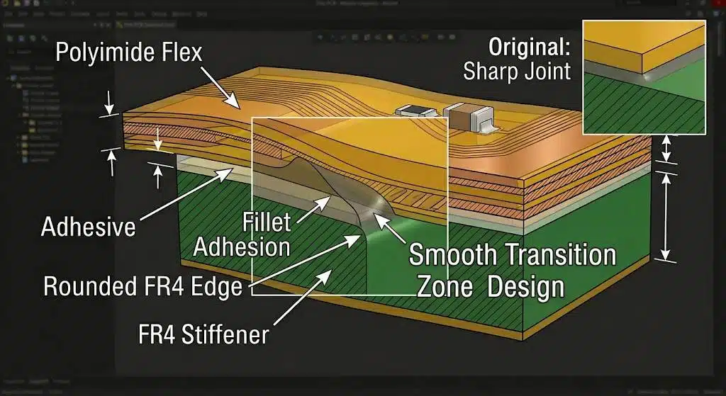 Side-view cross-section of an FPC with FR4 stiffener bonded