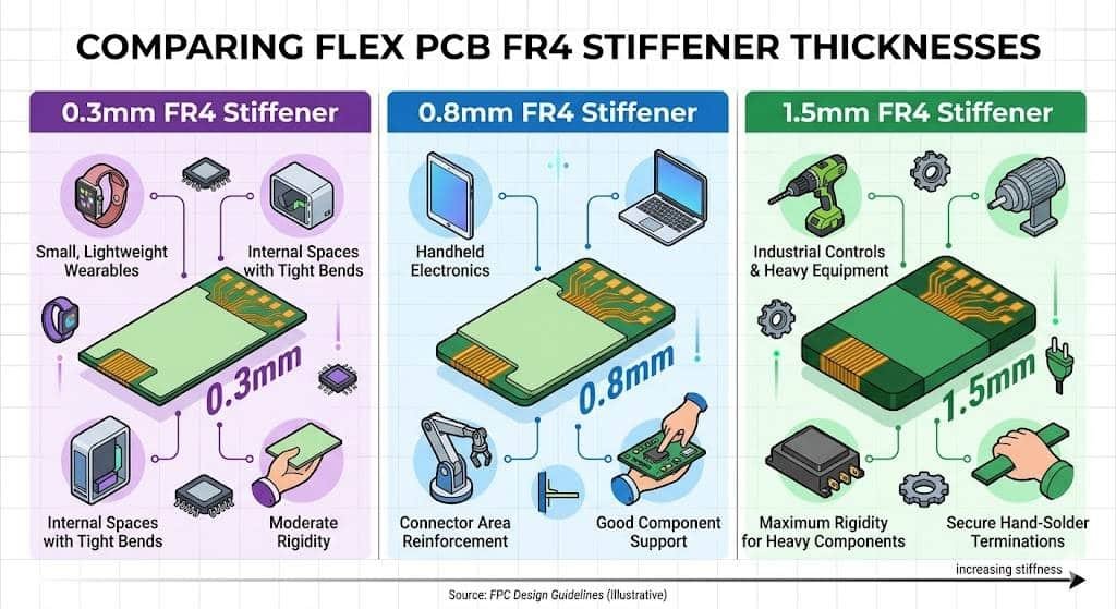 An engineering infographic comparing Flex PCB FR4 stiffener thicknesses: 0.3mm (wearables, tight bends), 0.8mm (handheld electronics, connectors), and 1.5mm (industrial controls, heavy components, increasing stiffness)