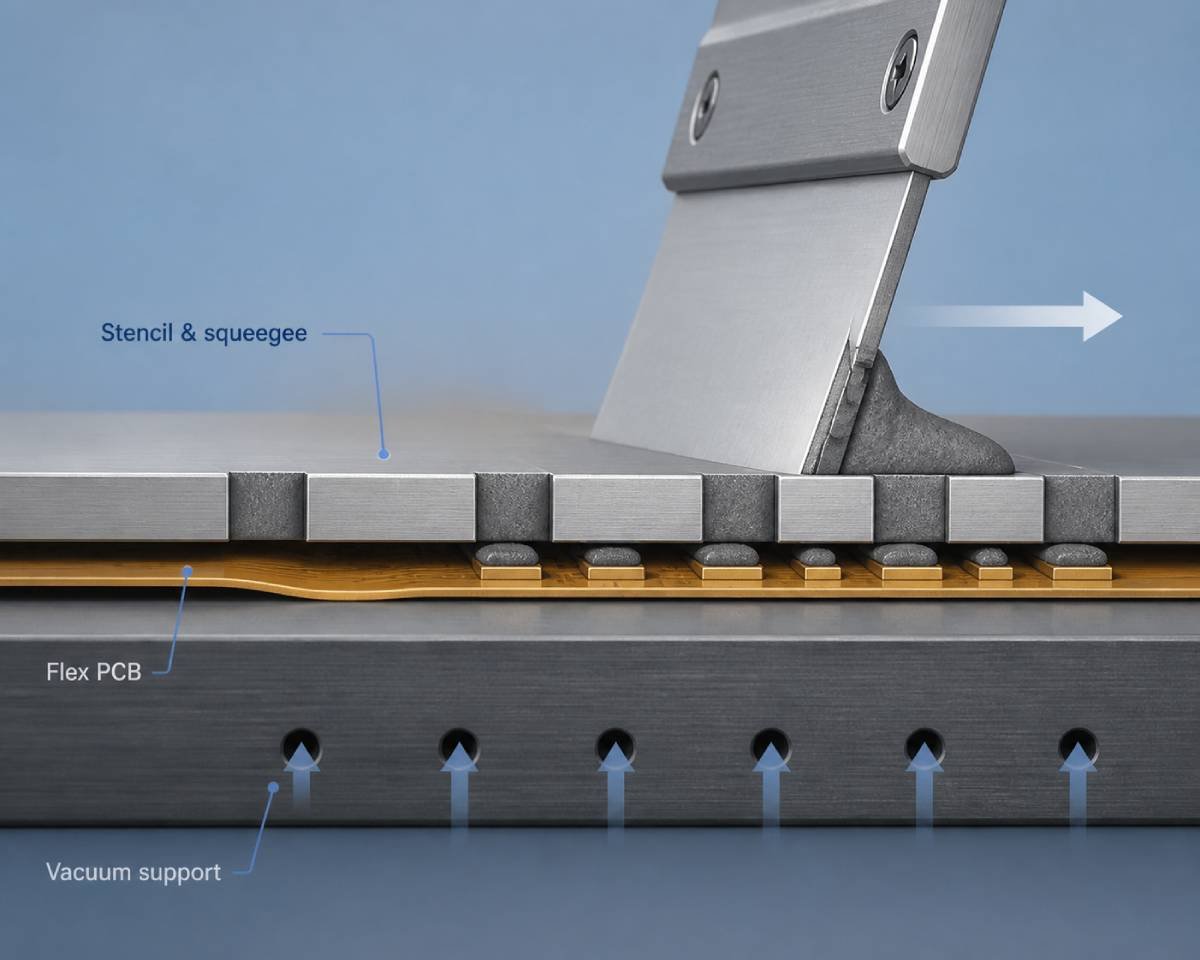 Cross-sectional schematic of solder paste printing on a flexible PCB fully supported by a vacuum fixture, showing stencil and squeegee.