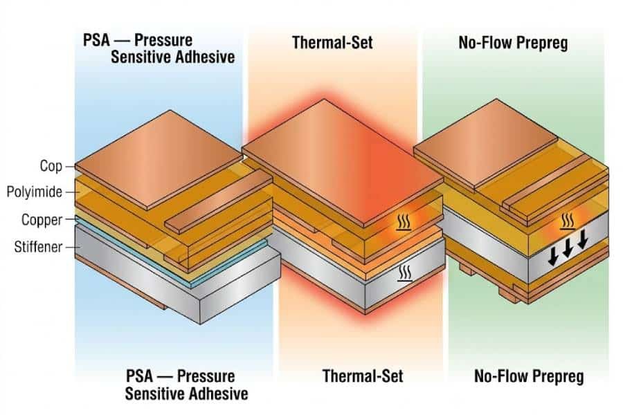 Flex PCB stiffener adhesive bonding methods — PSA pressure sensitive, thermal-set, and no-flow prepreg lamination process comparison