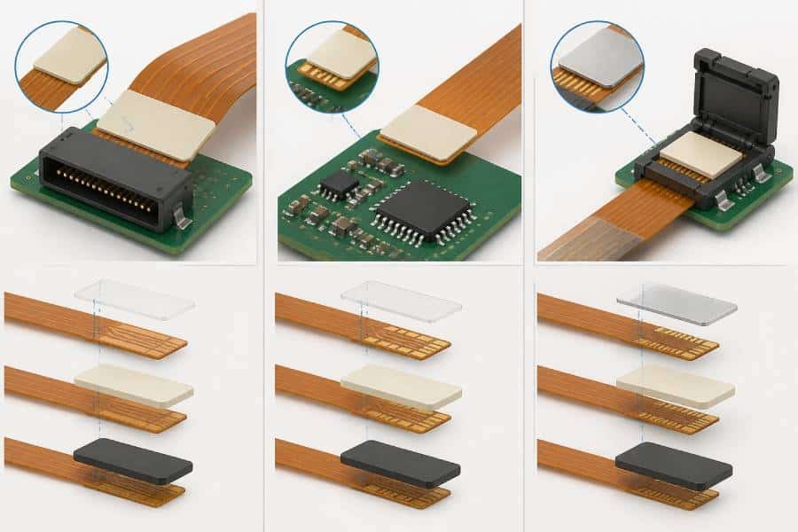 Flexible PCB stiffener thickness application diagram showing connector areas, SMT component areas, and ZIF contact zones.