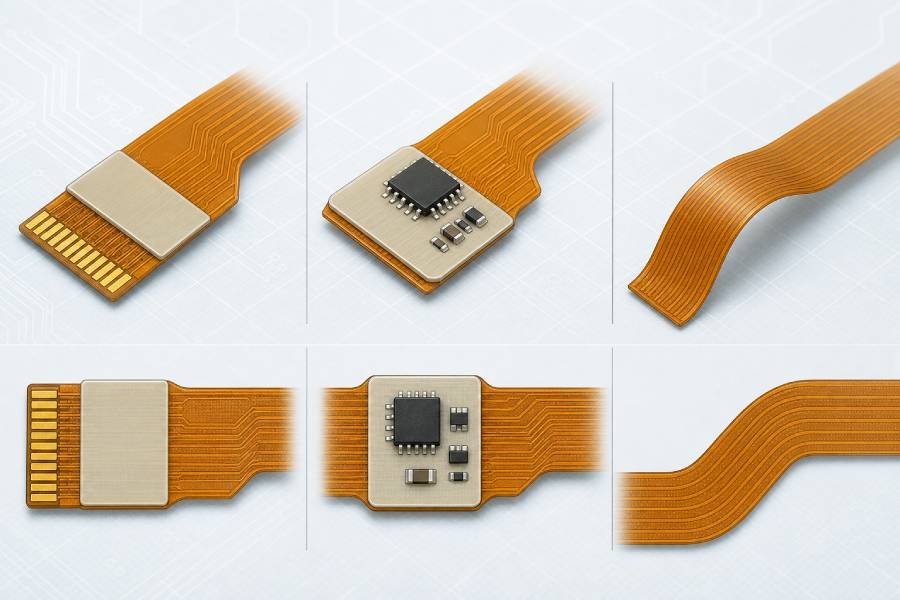 Flexible PCB stiffener application diagram showing connector areas, SMT mounting zones, and bend zones.