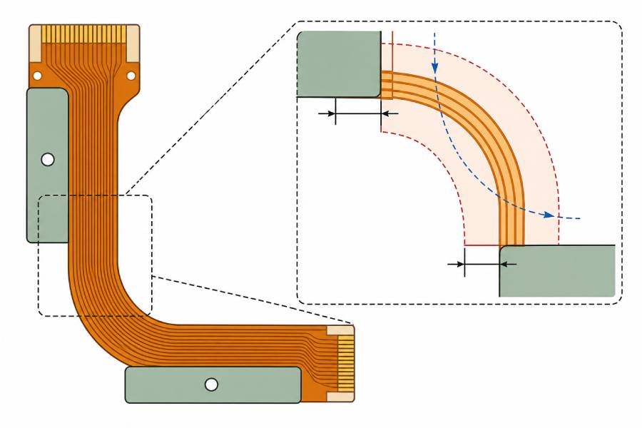 Flexible PCB bend zone diagram showing the clearance between the stiffener edge and the active bending area.
