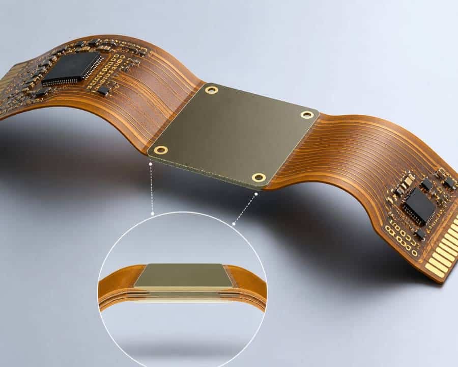 Concept illustration of flex PCB localized reinforcement between flexible and rigid areas.