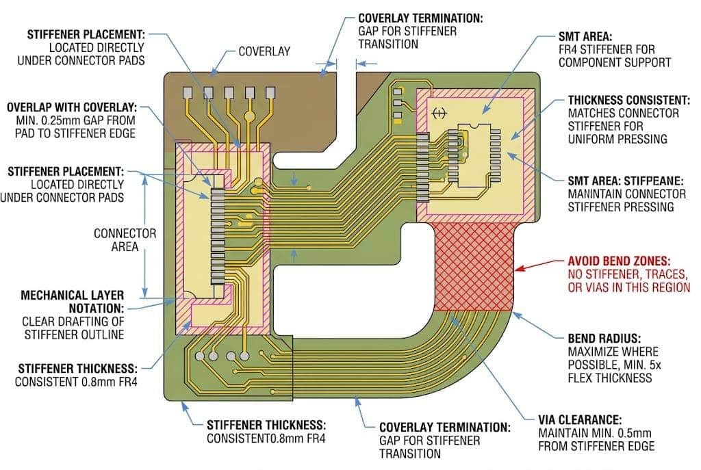 Flex PCB stiffener design tips with connector and SMT placement guidance