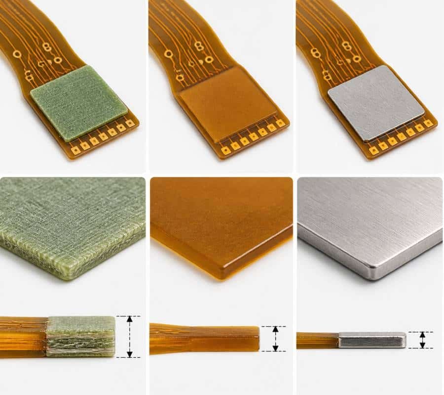 Comparison of FR4, polyimide, and metal stiffener thickness options for flexible PCB applications.