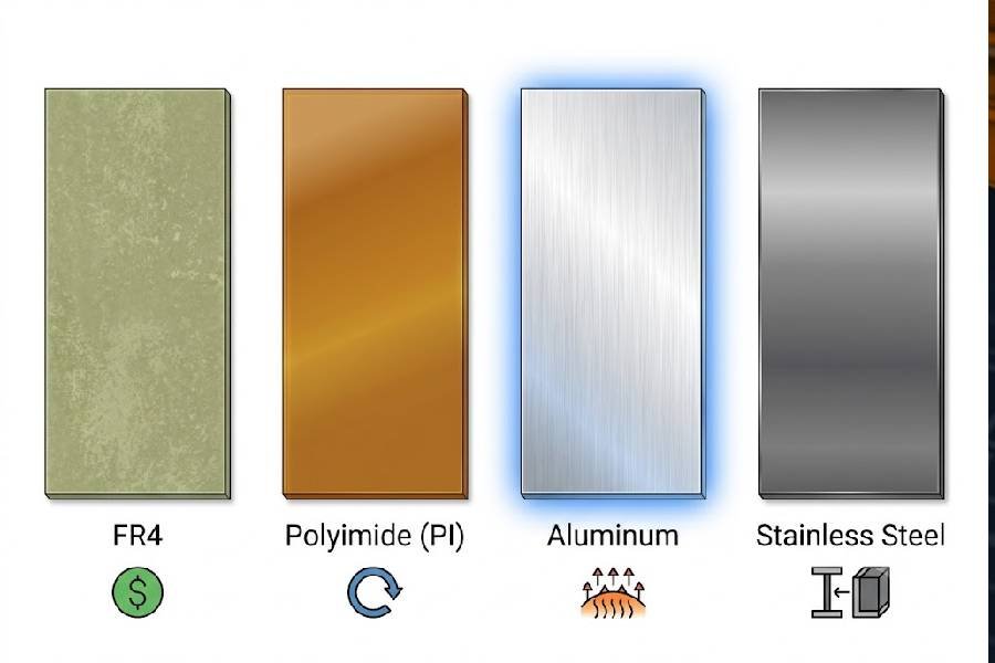 Four flexible PCB stiffener materials comparison: FR4, polyimide, aluminum, and stainless steel side by side