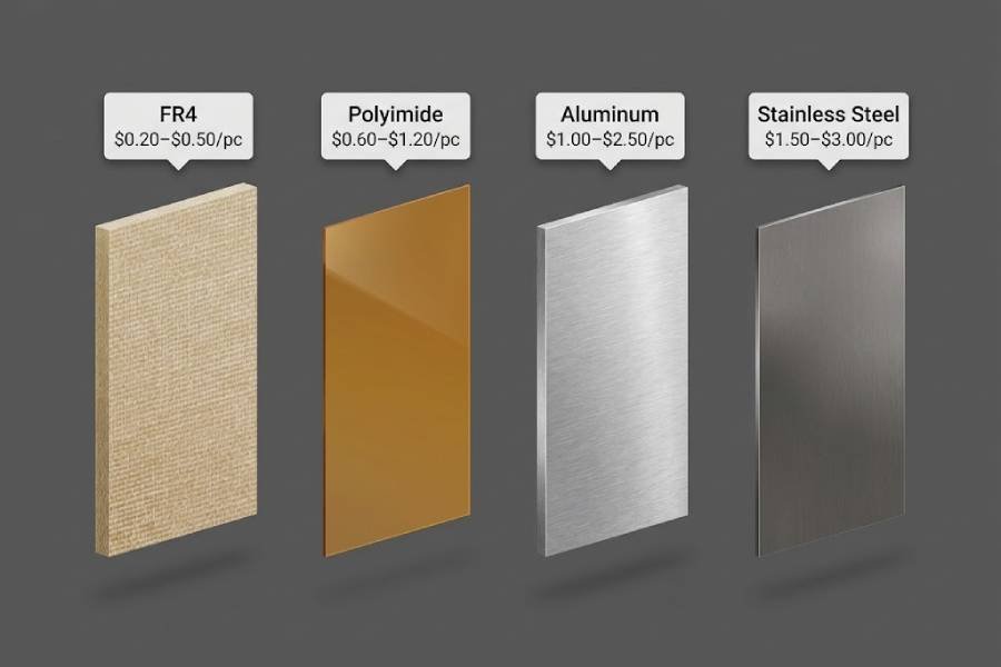 Four flex PCB stiffener materials — FR4, Polyimide, Aluminum, Stainless Steel — side by side price comparison with cost per piece and material properties