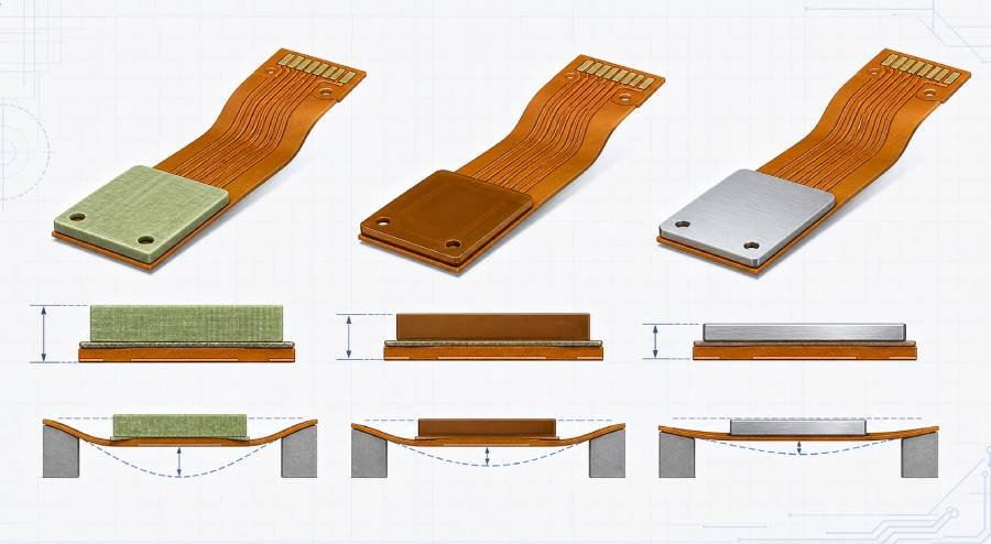 Comparison of FR4, polyimide, and metal stiffener materials for flexible PCB applications.