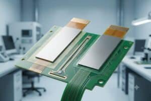 Blog cover image showing a flex PCB stiffener comparison between PSA and thermal bonding