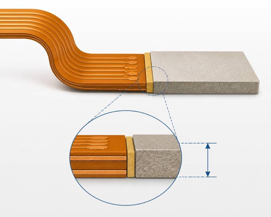 Cross-sectional diagram of flexible PCB stiffener thickness showing the flex layer, adhesive layer, and local reinforcement stack-up.
