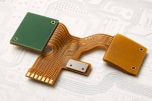 Flexible PCB stiffener selection cover showing FR4, polyimide, and metal reinforcement options on a flex circuit board.